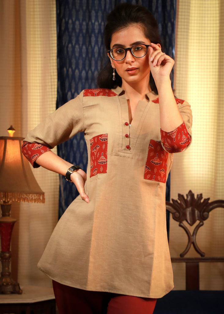 Ajrakh printed patch pocket beige casual top