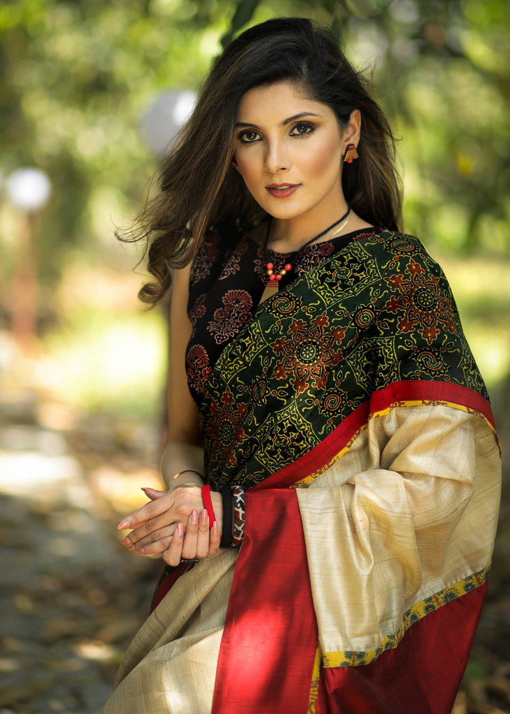 Exclusive Ajarkh & pure tassar silk combination designer saree with black cotton Ajrakh pleats & border