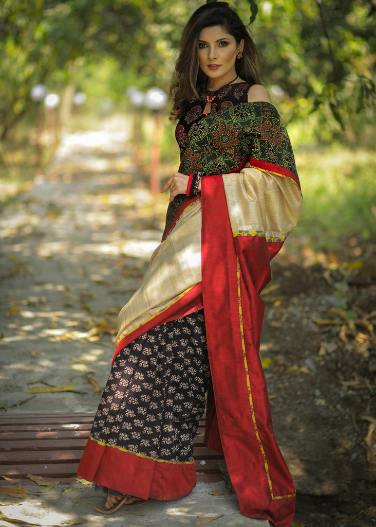 Exclusive Ajarkh & pure tassar silk combination designer saree with black cotton Ajrakh pleats & border