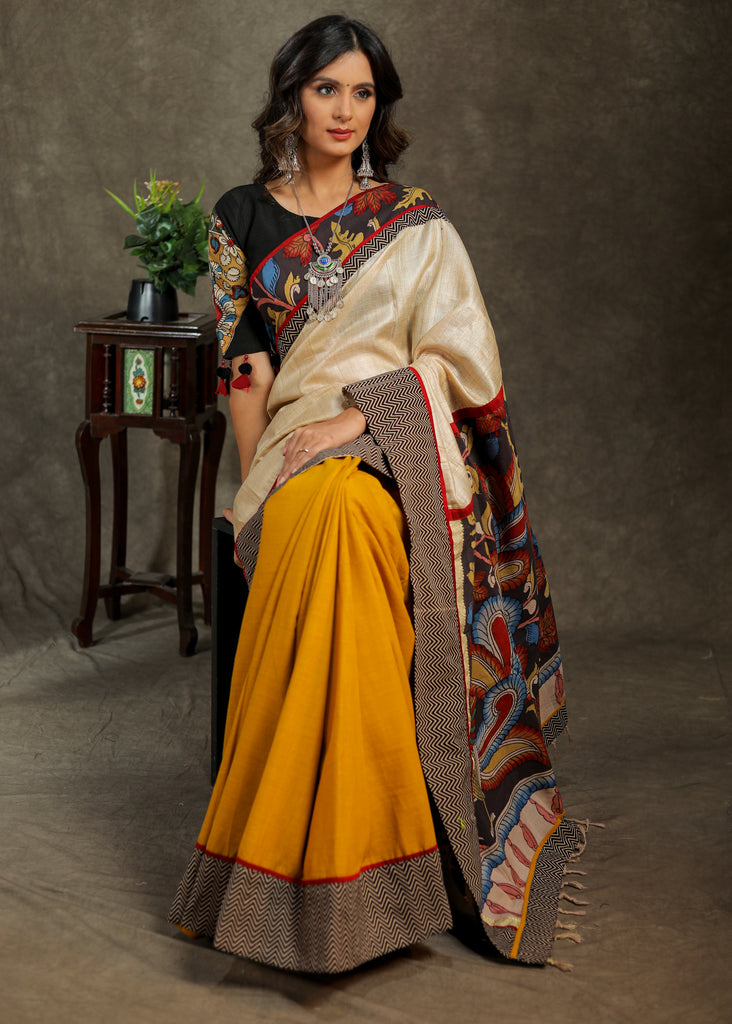 Exquisite mustard Cotton and beige Tissue combination saree with Kalamkari Pallu