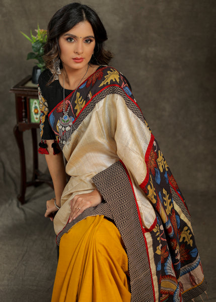 Exquisite mustard Cotton and beige Tissue combination saree with Kalamkari Pallu
