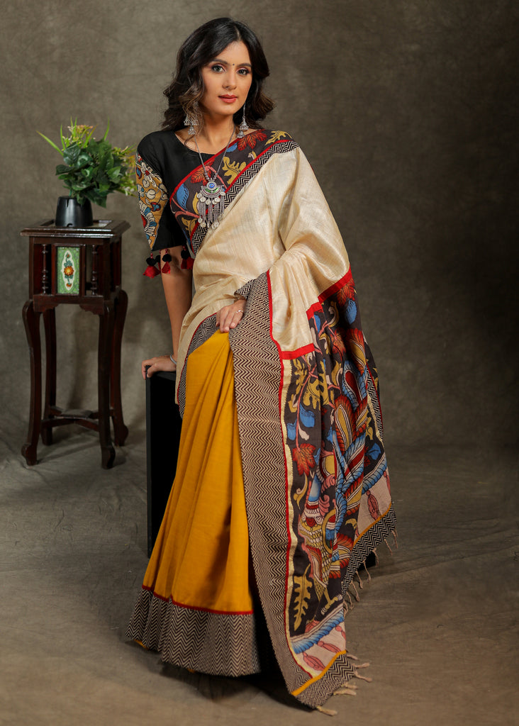 Exquisite mustard Cotton and beige Tissue combination saree with Kalamkari Pallu