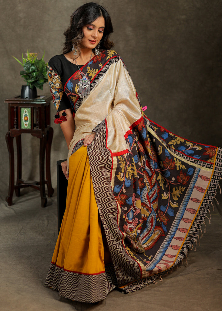 Exquisite mustard Cotton and beige Tissue combination saree with Kalamkari Pallu