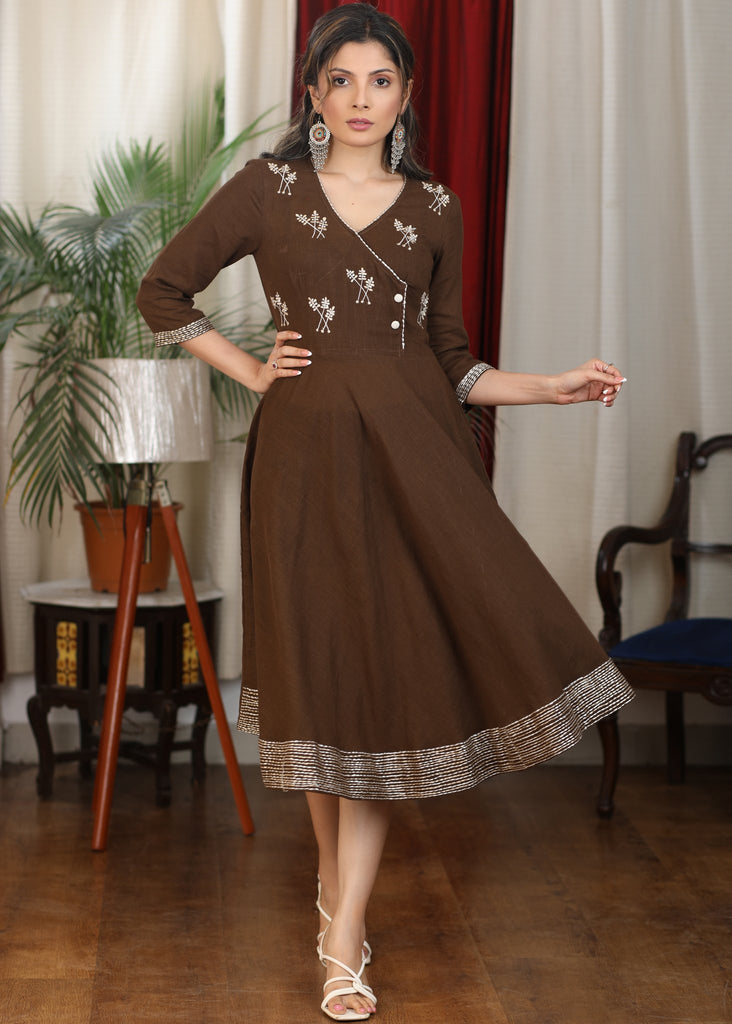 Elegant henna brown cotton flare dress with intricate embroidery
