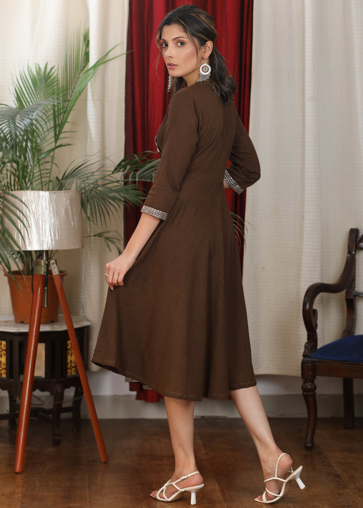 Elegant henna brown cotton flare dress with intricate embroidery