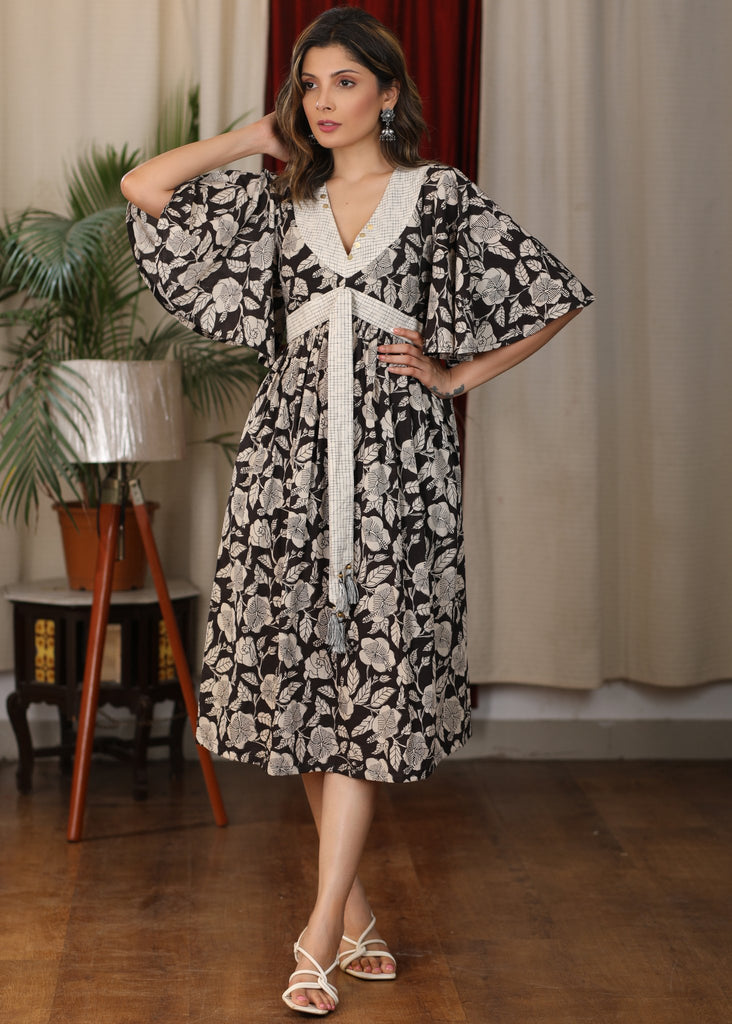 Floral print V neck gathered dress with attached belt and coin embellishments