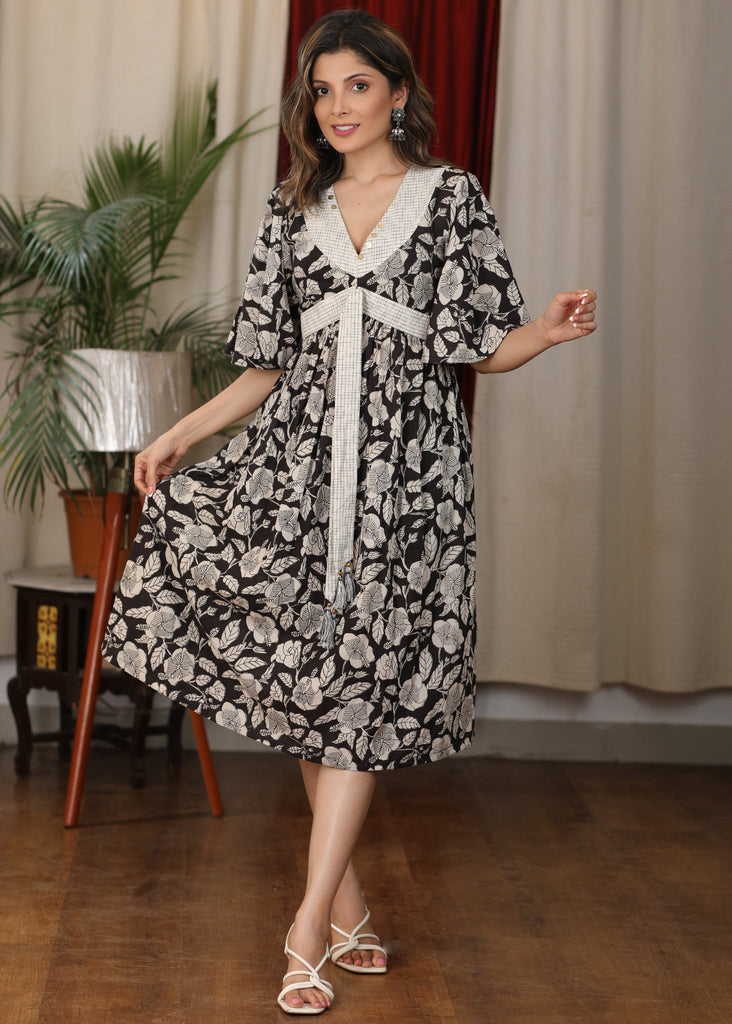 Floral print V neck gathered dress with attached belt and coin embellishments