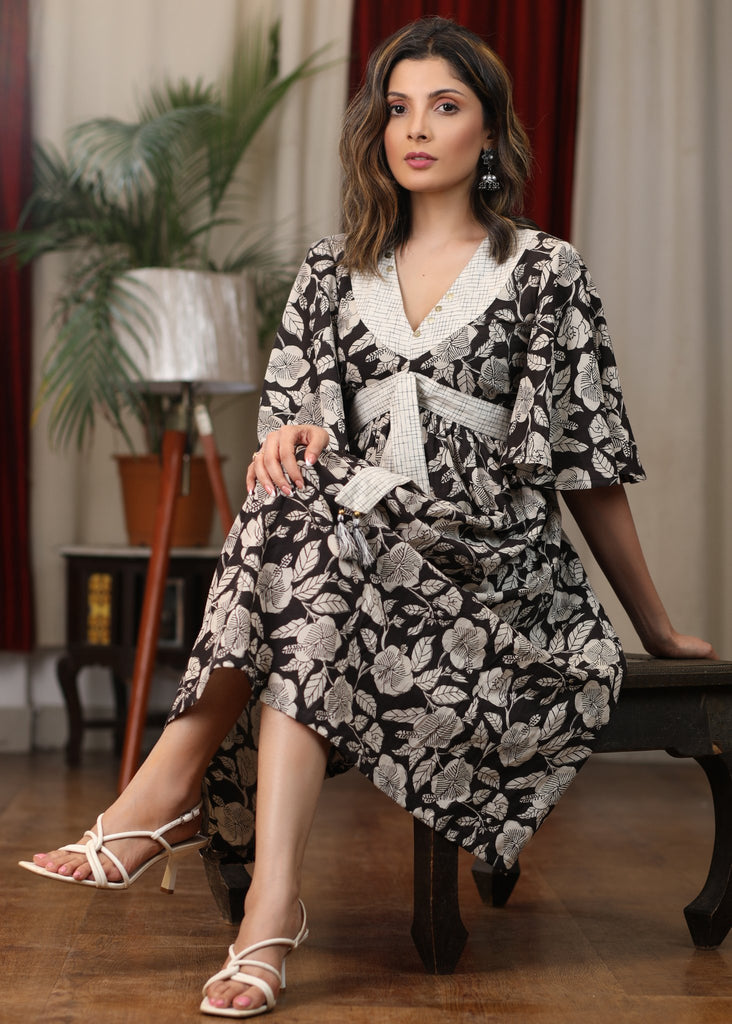 Floral print V neck gathered dress with attached belt and coin embellishments