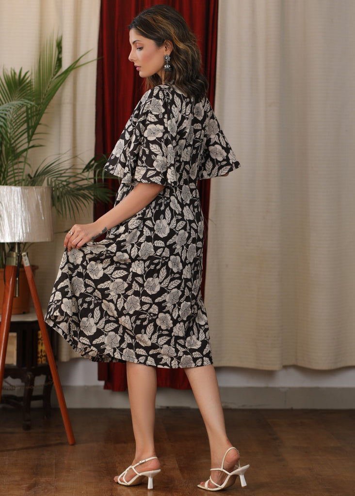 Floral print V neck gathered dress with attached belt and coin embellishments