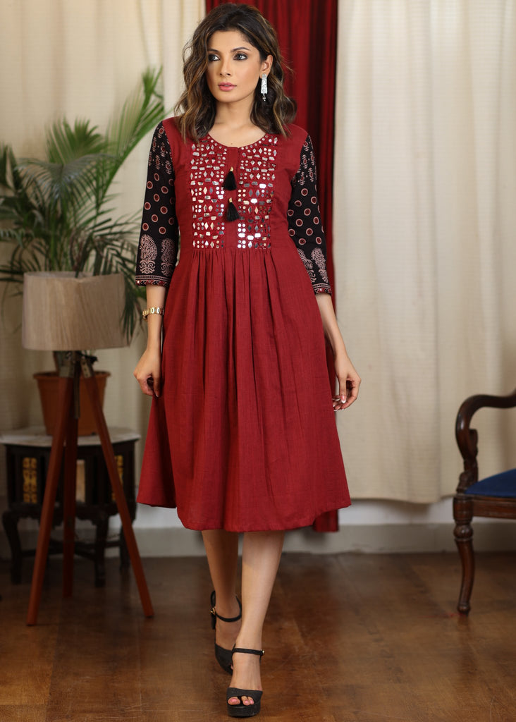 Exclusive maroon and black ajrakh combination dress with mirror embroidery