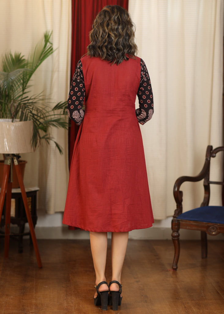 Exclusive maroon and black ajrakh combination dress with mirror embroidery