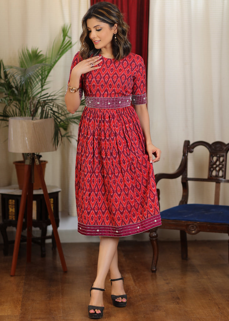 Elegant Red and Magenta ikat dress with exclusive glass bead hand embroidery