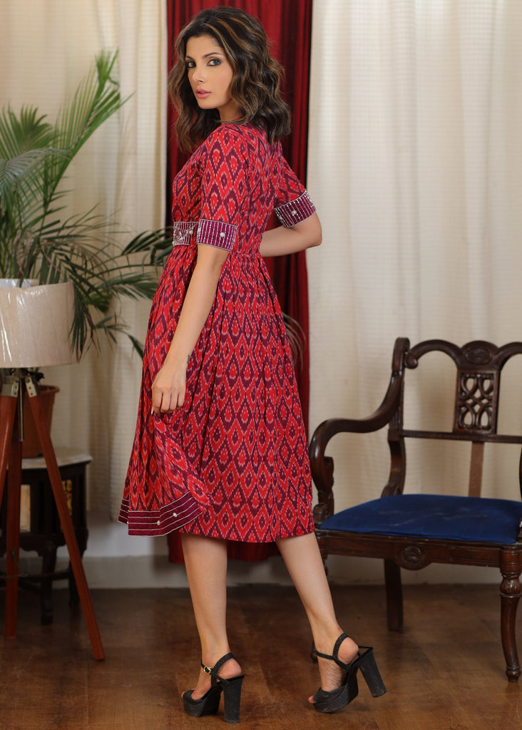 Elegant Red and Magenta ikat dress with exclusive glass bead hand embroidery