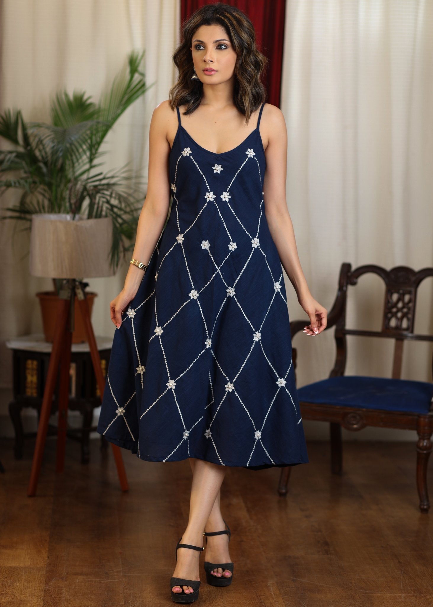 Navy blue strap dress with all over embroidery and pearl embellishment –  Sujatra