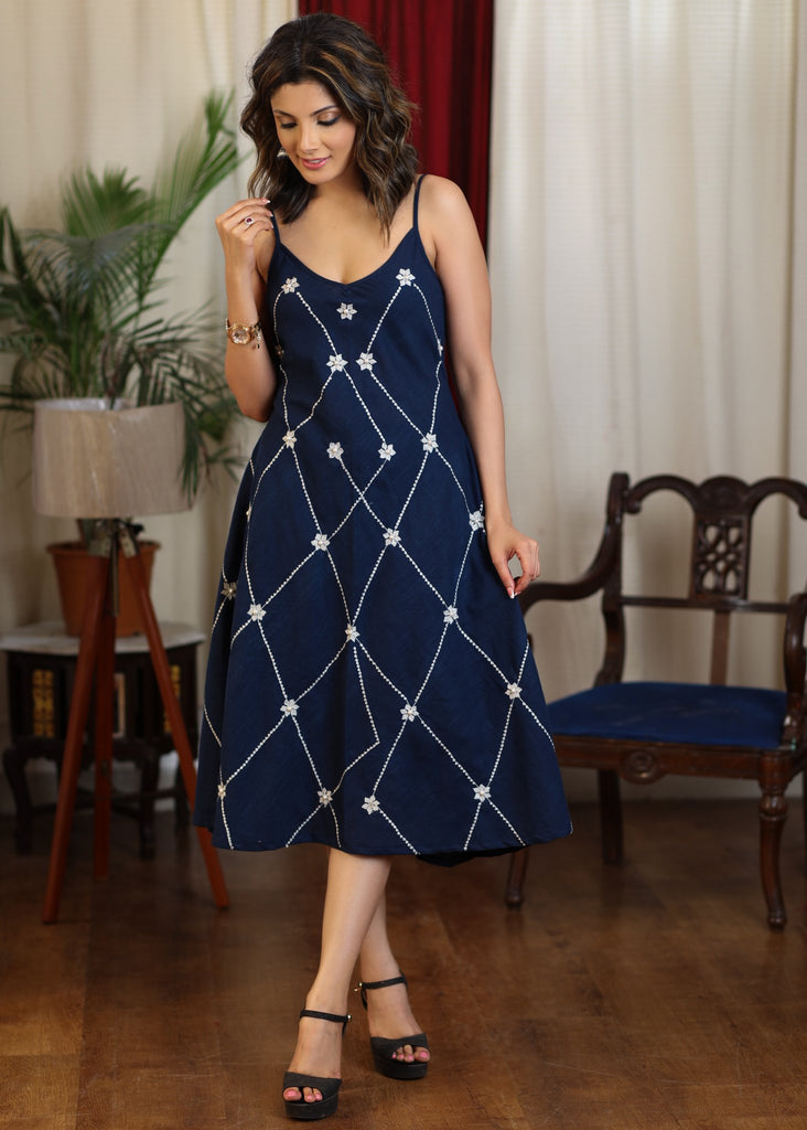 Navy blue strap dress with all over embroidery and pearl embellishments