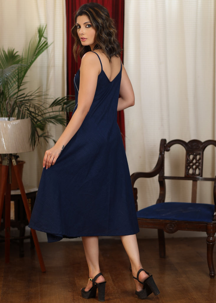 Navy blue strap dress with all over embroidery and pearl embellishments
