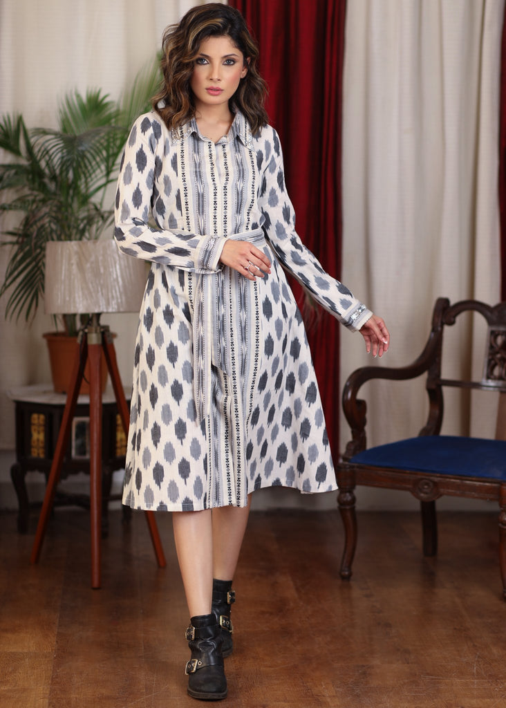 Exclusive ikat combination full sleeve dress with stonework collar and belt