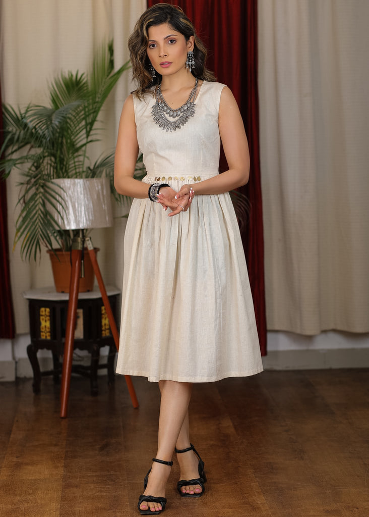 Plain ivory gathered dress paired with handblock ajrakh gypsy shirt