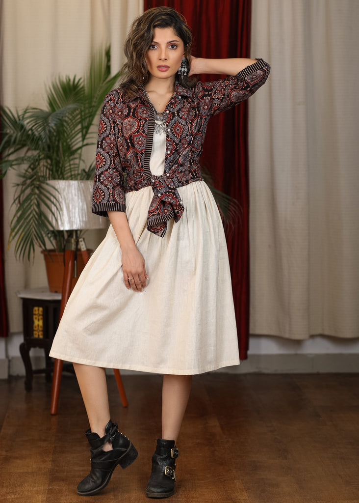 Plain ivory gathered dress paired with handblock ajrakh gypsy shirt