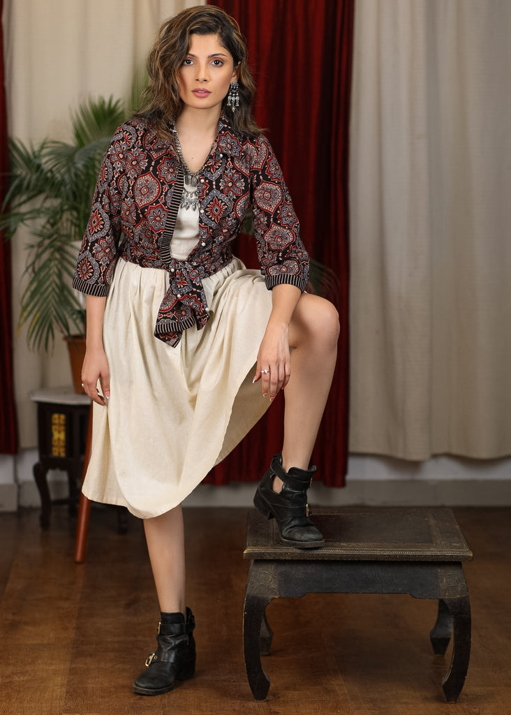 Plain ivory gathered dress paired with handblock ajrakh gypsy shirt