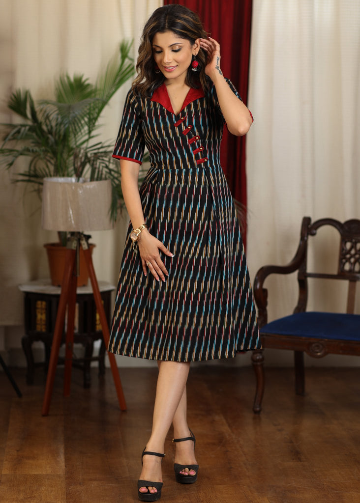 Subtle black multicolor ikat A line dress