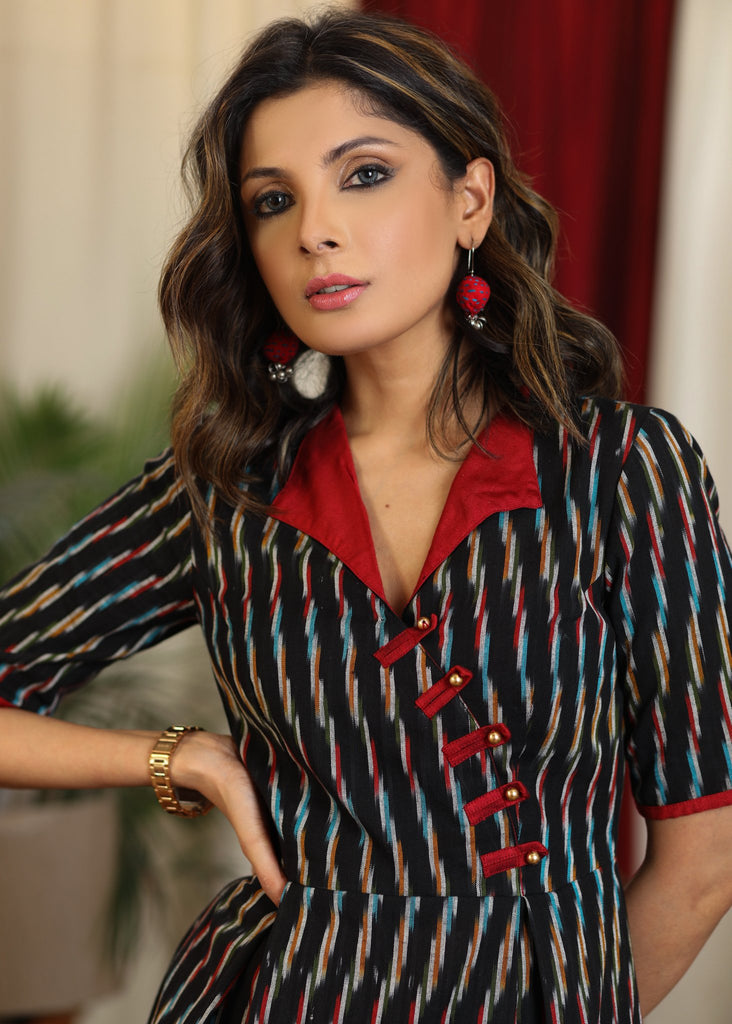 Subtle black multicolor ikat A line dress