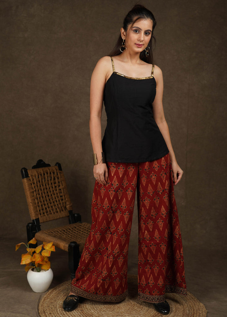 Smart Maroon Ajrakh wide leg palazzo pant