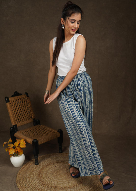 Classy indigo with stripes combination wide leg palazzo pant