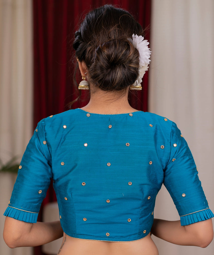 Elegant Azure blue cotton silk blouse with overall mirror embroidery