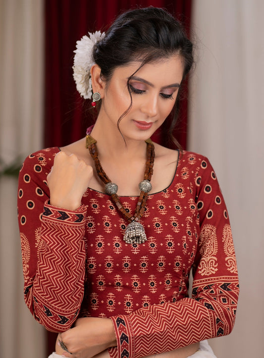 Beautiful maroon ajrakh full sleeve blouse