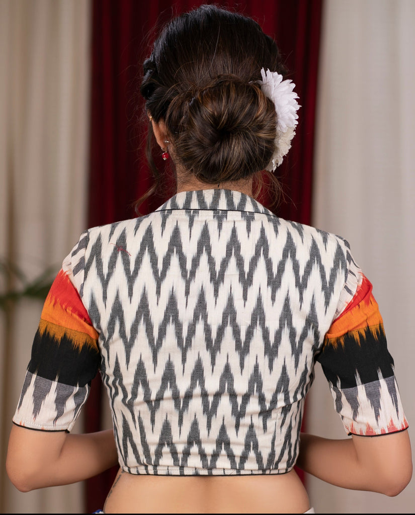 Exclusive ivory and multicolor Ikat cotton combination Blouse with mandarin collar