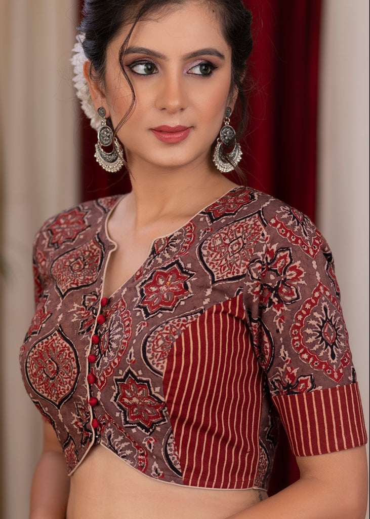 Exclusive ajrakh and stripe combination blouse