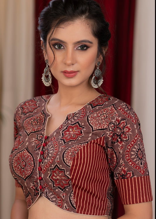 Exclusive ajrakh and stripe combination blouse