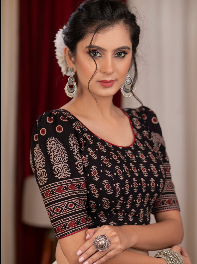 Black ajrakh blouse with puff paisley motifs on sleeves