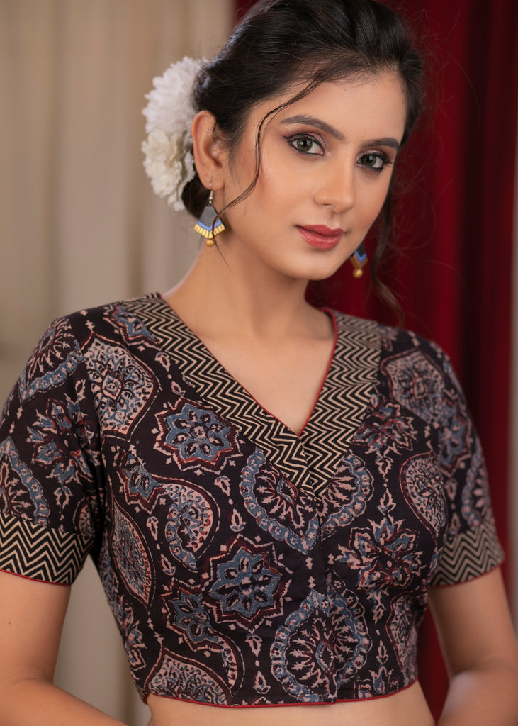 Elegant black ajrakh combination blouse with stripes collar