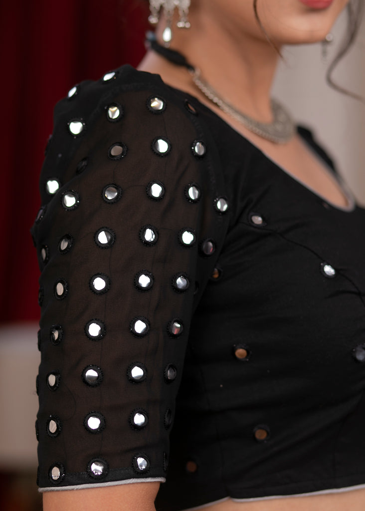 Beautiful black cotton mirror blouse with georgette sleeves