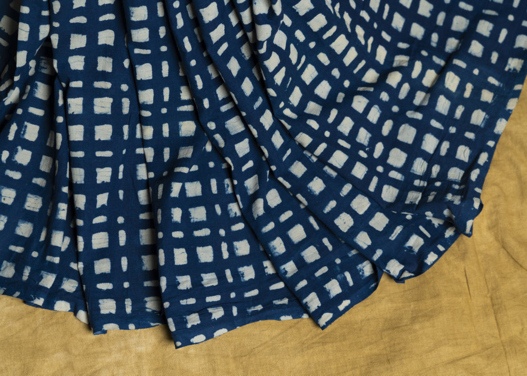 Cotton Indigo Fabric with Asymmetrical Checks