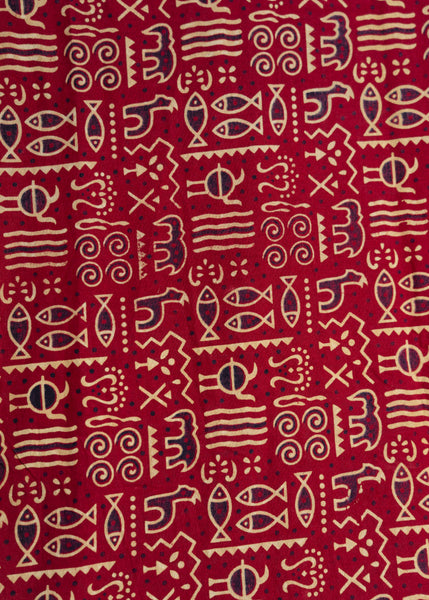 Animal Print Red Cotton Ajrakh Print Fabric