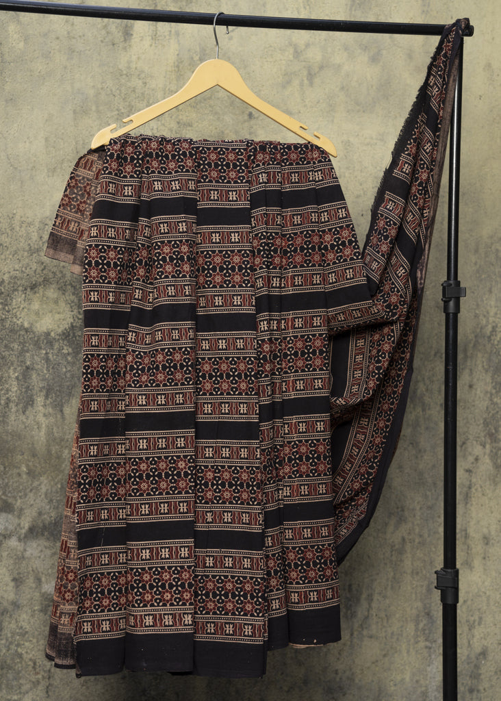 Black Linear Geometric Print Cotton Ajrakh Fabric