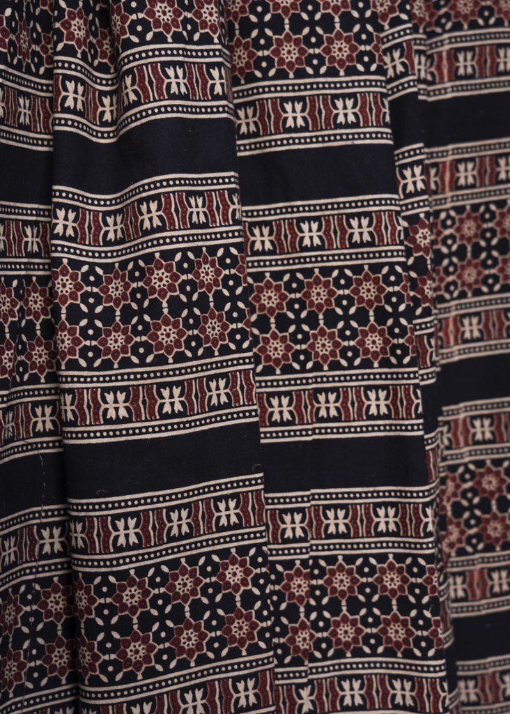 Black Linear Geometric Print Cotton Ajrakh Fabric
