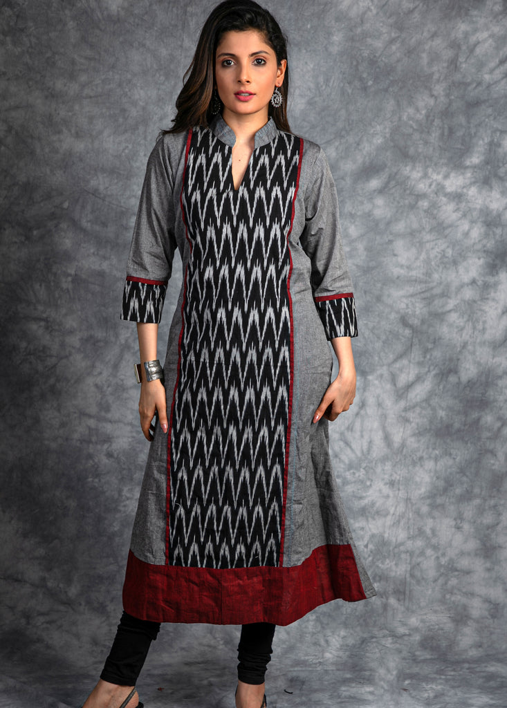 Grey Handloom cotton Kurta with Ikkat combination