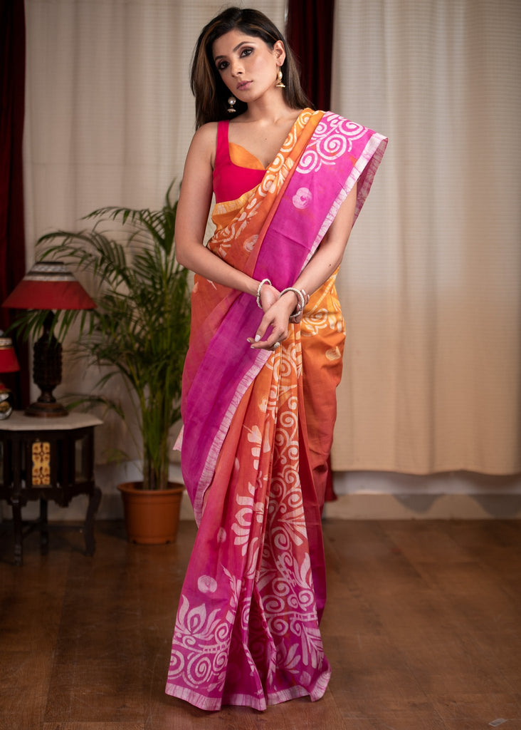 Pink & orange dyed exclusive hand batik cotton saree