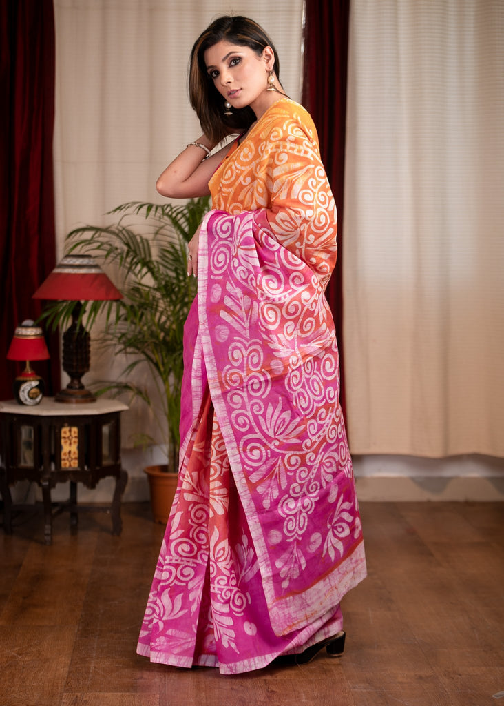 Pink & orange dyed exclusive hand batik cotton saree