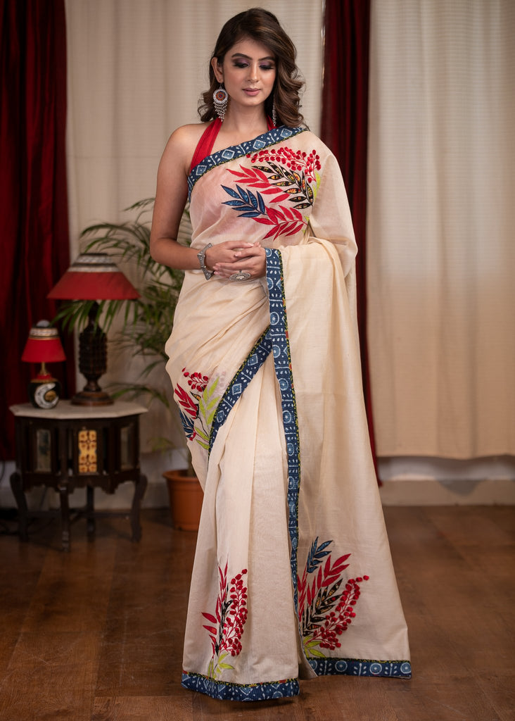 Exclusive chanderi saree with exquisite floral applic work & indigo border