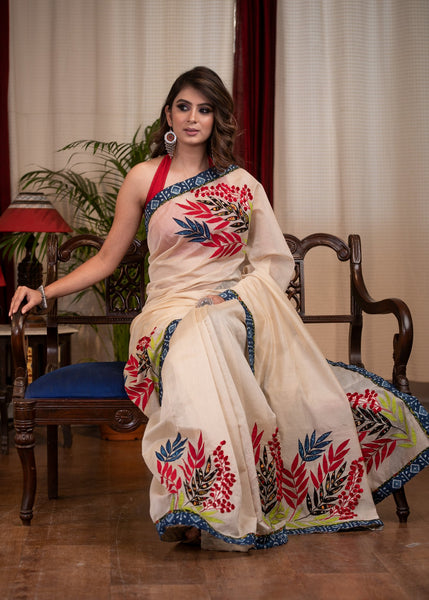 Exclusive chanderi saree with exquisite floral applic work & indigo border