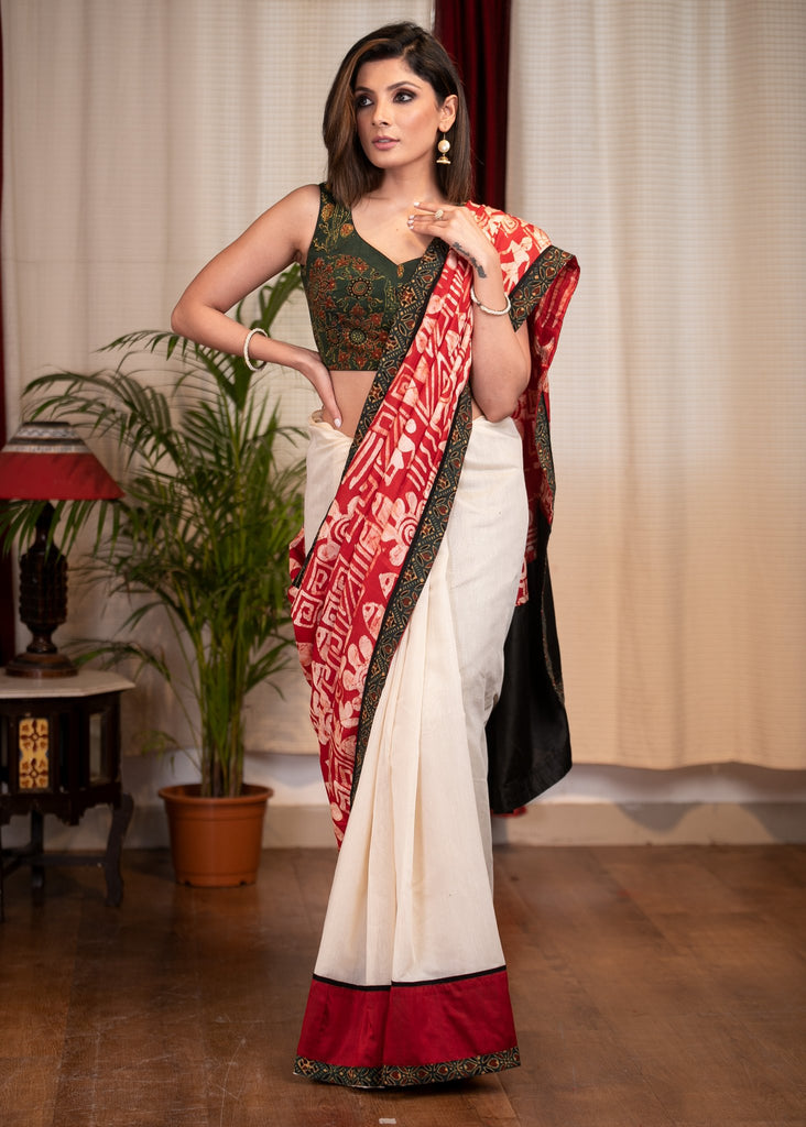 Exclusive silk batik & beige chanderi combination saree with Ajrakh border