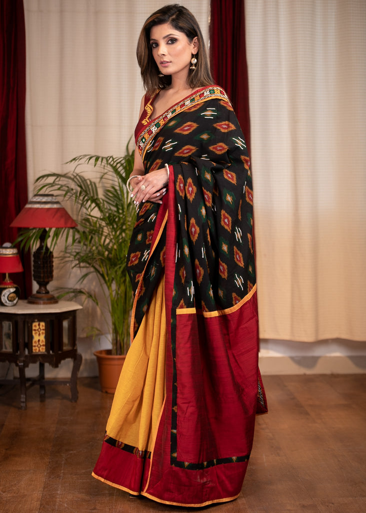 Exclusive ikat saree with hand embroidery with mustard handloom cotton pleats & mirror work border