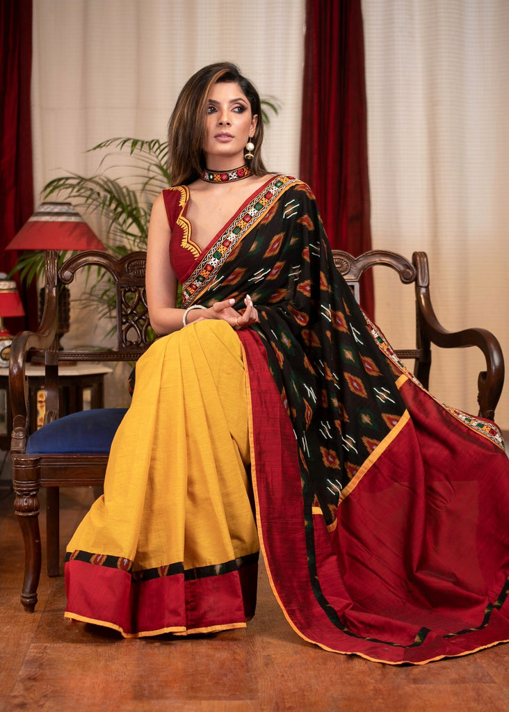 Exclusive ikat saree with hand embroidery with mustard handloom cotton pleats & mirror work border