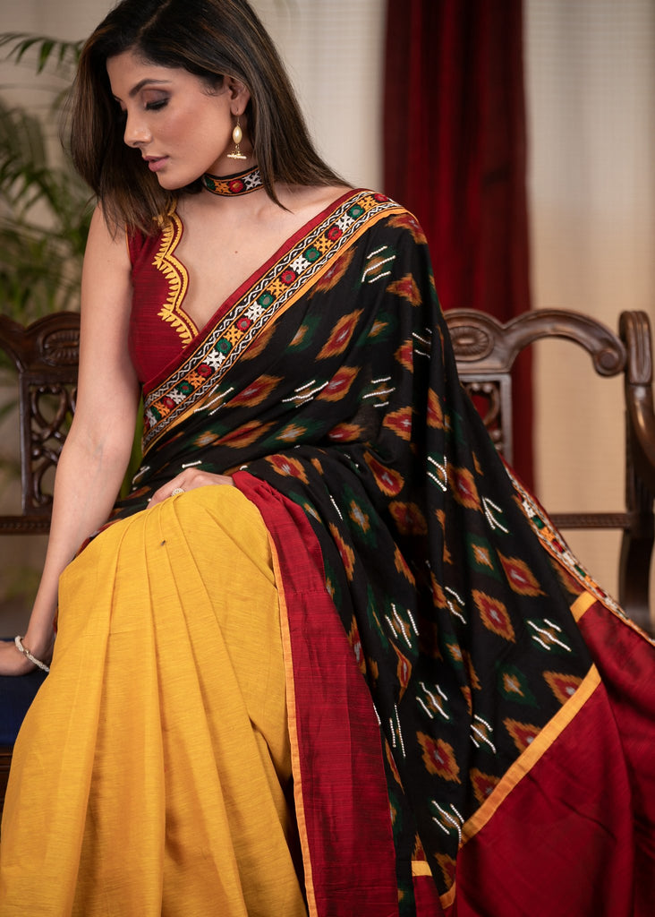 Exclusive ikat saree with hand embroidery with mustard handloom cotton pleats & mirror work border