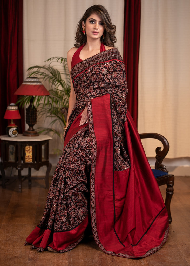 Black Ajrakh saree with exclusive stone embellishments